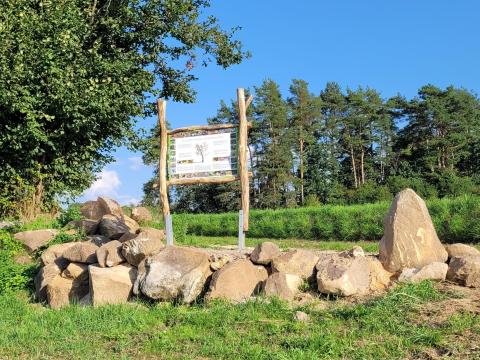 Eine Sitzkombination aus Natursteinen mit einer rustikal gestalteten Infotafel in Wiese und Waldrand