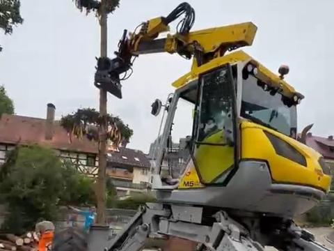 Schreitbagger beim Aufstellen eines Kirchweihbaumes